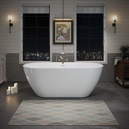 ABRUZZO 60" Acrylic Freestanding Bathtub - Oval Deep Soak Tub, Center Drain & Overflow, cUPC Certified Glossy White