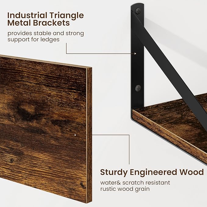 Fun Memories Floating Shelves for Wall, 12 Inch Deep Floating Shelves Set of 2, 55W x 12D Large Wall Shelf with Sturdy Metal Brackets for Living Room, Bathroom, Bedroom and Kitchen, Rustic Brown