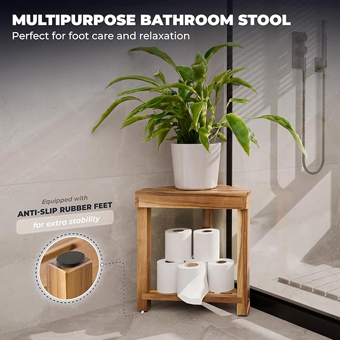 BLUEWEST 16.4" Shower Foot Rest, Corner Shower Stool, Wooden Shower Foot Stool for Shaving Legs Inside Shower, Waterproof Shower Foot Rest with Storage Shelf for Small Shower Space, Shower Seats