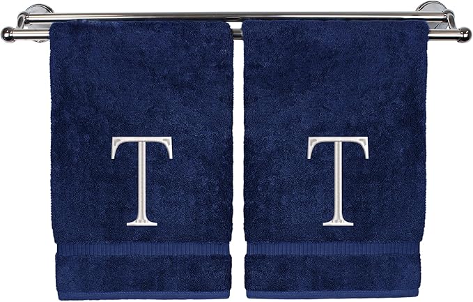 Monogrammed Hand Towel, Personalized Initial Gift, Extra Absorbent 100% Turkish Cotton - Soft Terry Finish - Set of 2 - White Block Initial T - Embroidered on Navy Blue Towels
