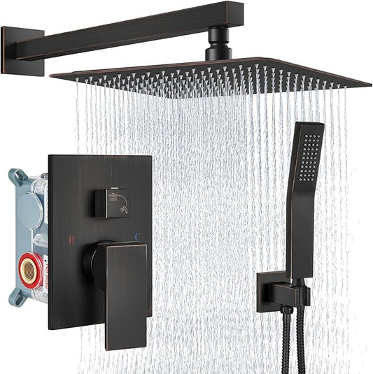 Aolemi Shower Faucet Set Rain Shower System with Handheld Spray Bathroom Shower Combo Rough-in Valve and Shower Trim Kit Included Oil Rubbed Bronze 16 Inch Wall Mount Shower Head