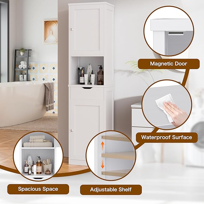 Walsunny Tall Bathroom Storage Cabinet with Freestanding Adjustable Shelves, Narrow Storage Linen Cabinet with 2 Doors and 1 Drawers for Bathroom, Living Room, Kitchen(White)