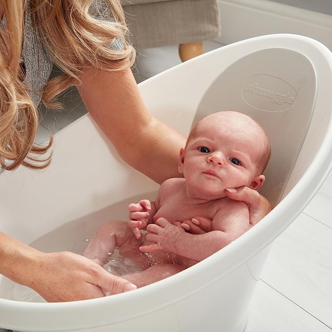 Shnuggle Newborn Baby Bath | Built in Support Bump and Soft Backrest | Suitable from Newborn | Bath Seat Support Includes Plug | White with Grey Backrest