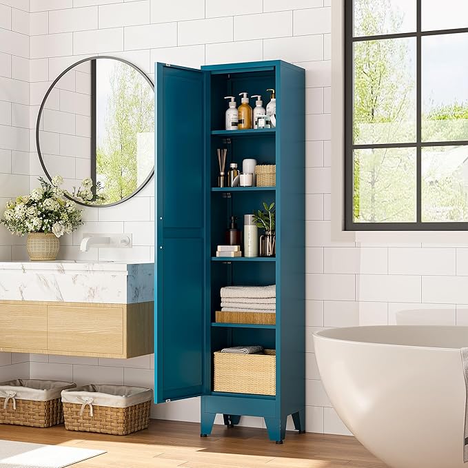 Narrow Bthroom Storage Cabinet Tall Metal Storage Cbinets with 4 Adjustable Shelves Freestanding 5 Tier Slim Pantry Cabinet for Kitchen Office Small Space
