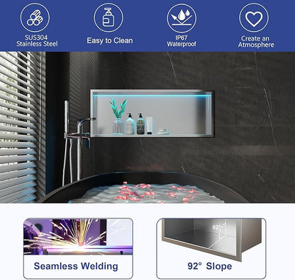 30X12 RGB Shower Niche, Brushed Nickel Stainless Steel LED Recessed Storage, No Tile Needed Wall Niche for Bathroom Storage Over Mount Installation