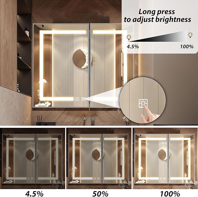 APRILSOUL 36X30 Inch Silver Bathroom Medicine Cabinet with Mirror, Recessed or Surface Lighted Medicine Cabinet with 3 Colors Temperature, Dimmable Light