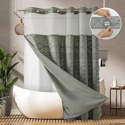 Long No Hook Tufted Chevron Striped Shower Curtain with Snap-in PEVA Liner Set - 72" x 86", Hotel Style with See Through Top Window, Water Repellent Fabric Shower Curtain Grey
