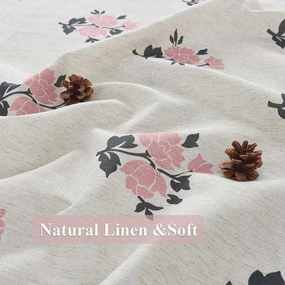 ORTIGIA Boho Pink Shower Curtains for Bathroom Linen Farmhouse Shower Curtain Set with Metal Hooks Block Print Floral Waterproof Aesthetic Rustic Fabric Bath Curtain for Home, Weighted, 72x72