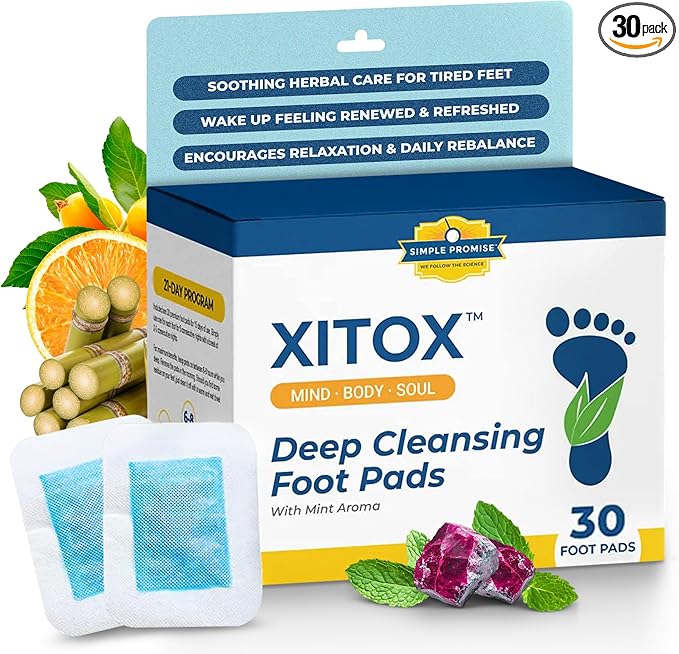 Simple Promise - Xitox Deep Cleansing Foot Pads - Supports Restful Sleep & Helps Remove Tension - Natural Herbal Ingredients for Feet - Comfortable Adhesive & Easy Peel - 30 Foot Patches - Mint Aroma