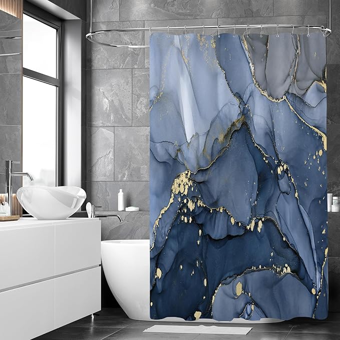 Small Stall Marble Shower Curtain 36 x 72 Inch, Half Narrow Abstract Modern Shower Curtains for Bathroom, Luxury Art Ink Texture Fabric Shower Curtain Set with Hooks, Navy Blue