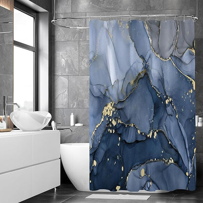 Navy Blue Marble Shower Curtain 60x72, Dark Blue Modern Abstract Fabric Shower Curtains for Bathroom, Luxury Art Ink Texture Watercolor Cloth Shower Curtain Set with Hooks