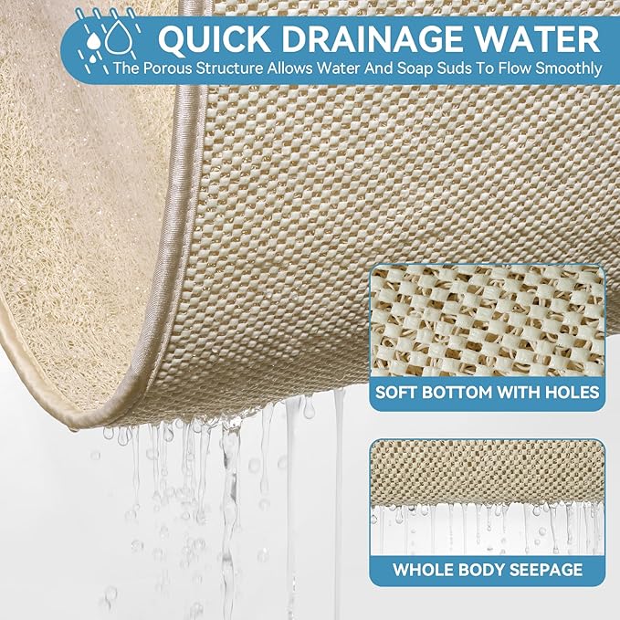 Non Slip Shower Mat Bathtub Mat 20x32 Inch, Quick Dry Bath Mat with Drain, Soft PVC Imitation Loofah Foot Scrubber Bath Mats for Bathroom Tub Shower Floor, Hangable & Hook Included, Beige