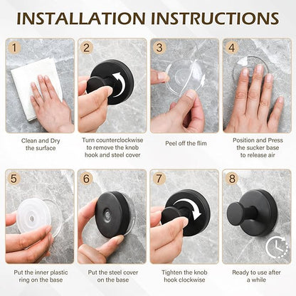 Shower Suction Cup Hooks, Heavy Duty Bathroom Wall Hooks for Towels, Robes, Loofahs, Removable Metal Hook for Tile Glass Mirror, No Drill(4 Pack, Black)