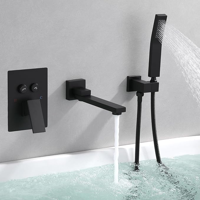 Wall Mount Bathtub Faucet Set Included 180°Swivel bathroom Tub Filler faucets and handheld Shower，high Flow Tub Spout with Solid Brass Push-button Diverter Pressure Balance Valve,Matte Black