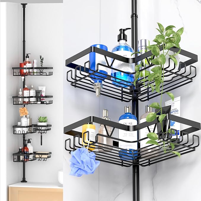 Corner Shower Caddy - 24 Hanging Hooks, Tension Pole Adjustable 25-114.2 Inch, Bathtub Organizer for Tub Corner - No Drilling, Black