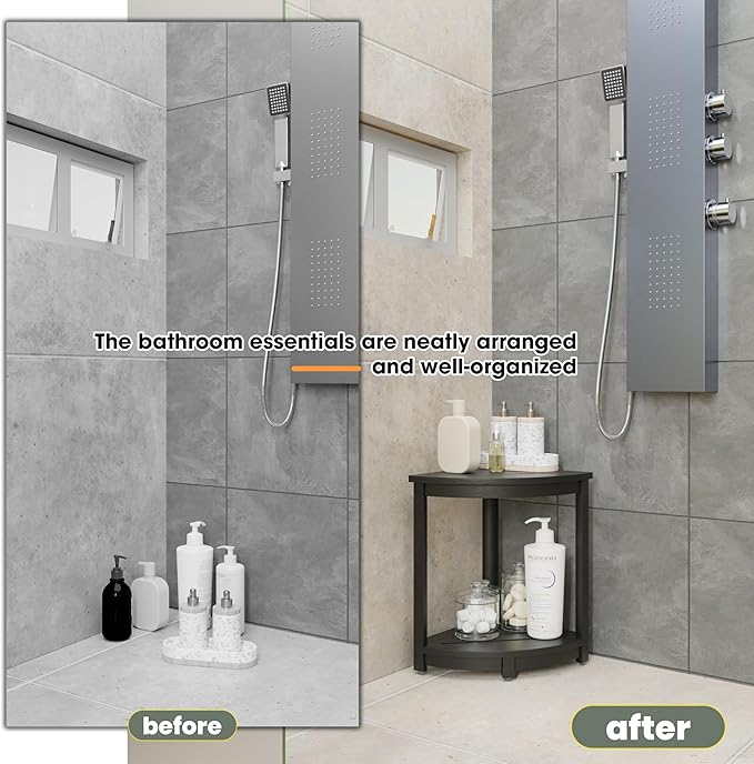 HOLANA 18" Wood Corner Shower Bench & Corner Shower Stool with Storage Shelf - Footrest for Shaving Legs - Bath Step for Small Spaces - Perfect for Indoor or Outdoor (Black)