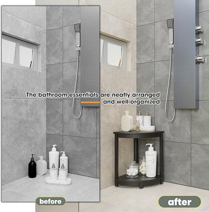HOLANA 18" Wood Corner Shower Bench & Corner Shower Stool with Storage Shelf - Footrest for Shaving Legs - Bath Step for Small Spaces - Perfect for Indoor or Outdoor (Black)