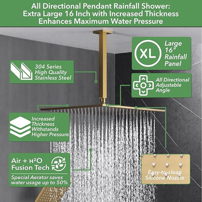 VANFOXLE Shower Faucet Set Brushed Gold Shower System,Shower Faucet with 2 in 1 Handheld,Ceiling Mount 16 Inch Shower Head+6 Inch Shower Head(Rough-in Valve Body and Trim)