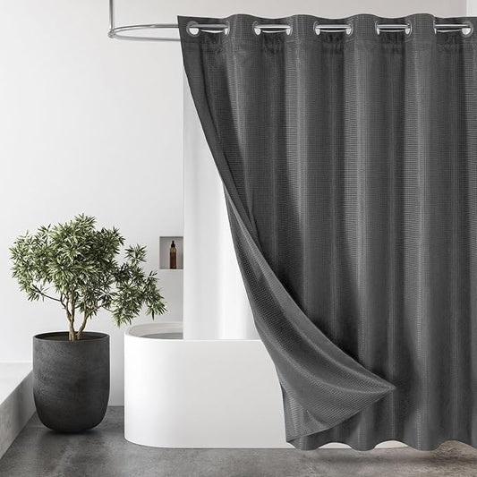 MitoVilla No Hooks Needed Grey Waffle Shower Curtain Liner Set, Modern Waffle Weave Heavy Duty Fabric Cloth Shower Curtain with Snap-in Liner for Luxury Neutral Hotel Spa Bathroom Decor