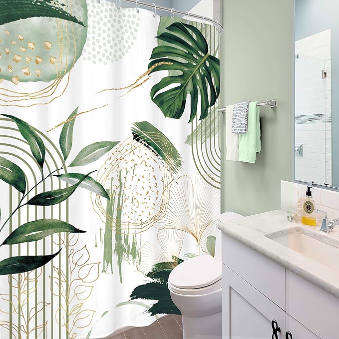 Green Boho Shower Curtain 72Wx96H Extra Long Sage Green Modern Mid Century Abstract Tropical Palm Leaves Bohemian Plant Bathroom Decor Minimalist Bath Curtain Fabric Polyester 12 Pack Hooks