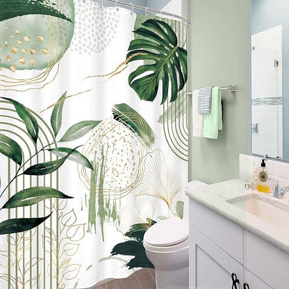 Green Boho Shower Curtain 72Wx96H Extra Long Sage Green Modern Mid Century Abstract Tropical Palm Leaves Bohemian Plant Bathroom Decor Minimalist Bath Curtain Fabric Polyester 12 Pack Hooks