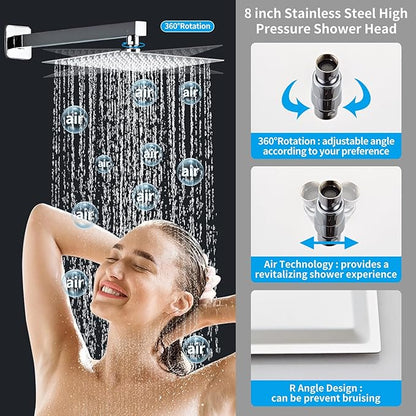 8 Inch Polished Chrome Shower Faucet Set with Rain Shower Head and Handheld Spray, Wall Mounted Rainfall Shower Head with Handheld Combo, Bathroom luxury Shower System with Valve and Trim