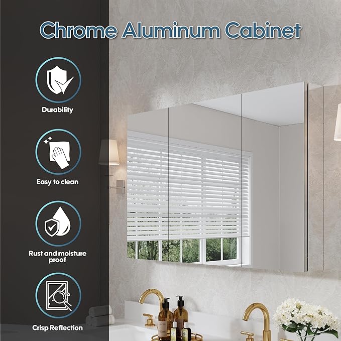 WELLFOR 48" x 30" Bathroom Medicine Cabinet, Anodized Chrome Aluminum Frame, Medicine Cabinet with Adjustable Glass Shelves, Bathroom Mirrored Cabinet, Surface or Recessed Mount, Three Doors