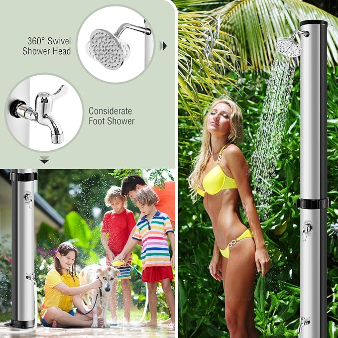 Goplus 10 Gallon Solar Heated Outdoor Shower, 7.2 FT Freestanding Outside Shower with Rotating Shower Head, Temperature Adjustment & Foot Shower, for Backyard Beach Pool SPA (Silver)