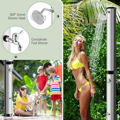 LDAILY Outdoor Shower, 10 Gallon Solar Heated Pool Shower with 360° Rotating Shower Head & Foot Tap, 7.2FT Freestanding Outside Shower Kits for Backyard, Beach, Garden (Black+Silver)