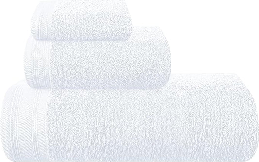 Ultra Soft 3 Pack Cotton Towel Set, Contains a Bath Towels 28x55 inch, a Hand Towels 16x24 inch & a Wash Coths 12x12 inch, Ideal Everyday use, Compact & Lightweight - White, Medium