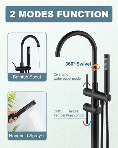 Freestanding Bathtub Faucet Matte Black: Floor Mount Tub Filler, High Flow Brass Shower Faucets with Handheld Sprayer for Bathroom