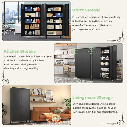 COFaR 5 Tier Black Metal Storage Cabinet, Free Standing with 2 Doors, 4 Adjustable Shelves and Legs, Cupboard Metal Cabinet for Living Room, Kitchen, Dining Room, Office