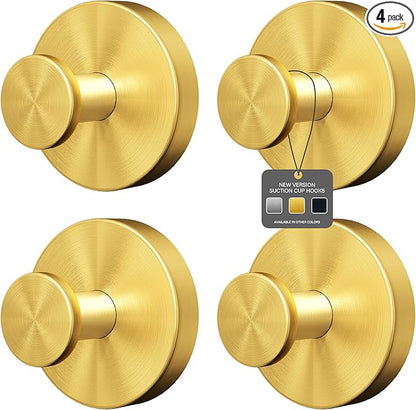 Shower Suction Cup Hooks, Heavy Duty Bathroom Wall Hooks for Towels, Robes, Loofahs, Removable Metal Hook for Tile Glass Mirror, No Drill(4 Pack, Gold)