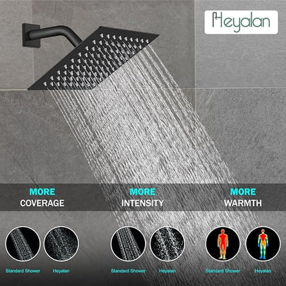 Heyalan 8 Inch Shower Head and Handle Set Square Shower Faucet Set Bathroom Rainfall Shower System Stainless Steel Showerhead Single Function Shower Trim Kit,Female Thread Valve,Matte Black