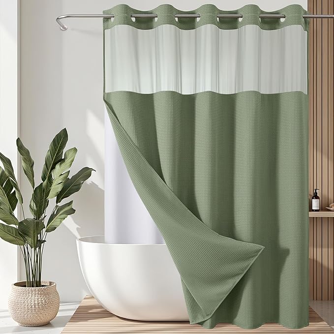 VANZAVANZU Hookless Shower Curtain with Mesh Top and Snap in Waterproof Liner, Waffle Weave, Weighted Magnets Hem, Machine Washable, 72 x 75 Inches – (Green)