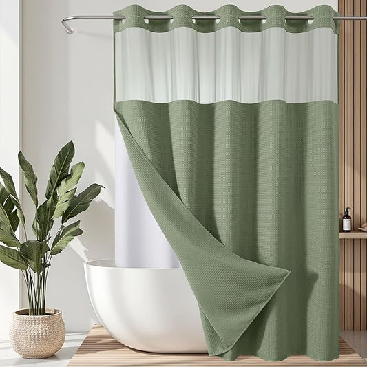 VANZAVANZU Hookless Shower Curtain with Mesh Top and Snap in Waterproof Liner, Waffle Weave, Weighted Magnets Hem, Machine Washable, 72 x 75 Inches – (Green)