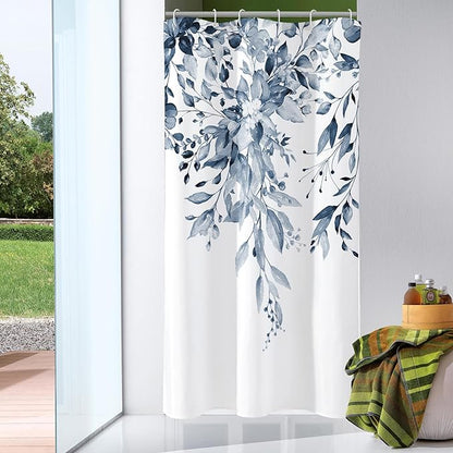 Gibelle Small Stall Shower Curtain 36 x 72, Narrow Navy Blue Floral Shower Curtain for Bathroom, Watercolor Plant Eucalyptus Leaves Fabric Shower Curtain Set