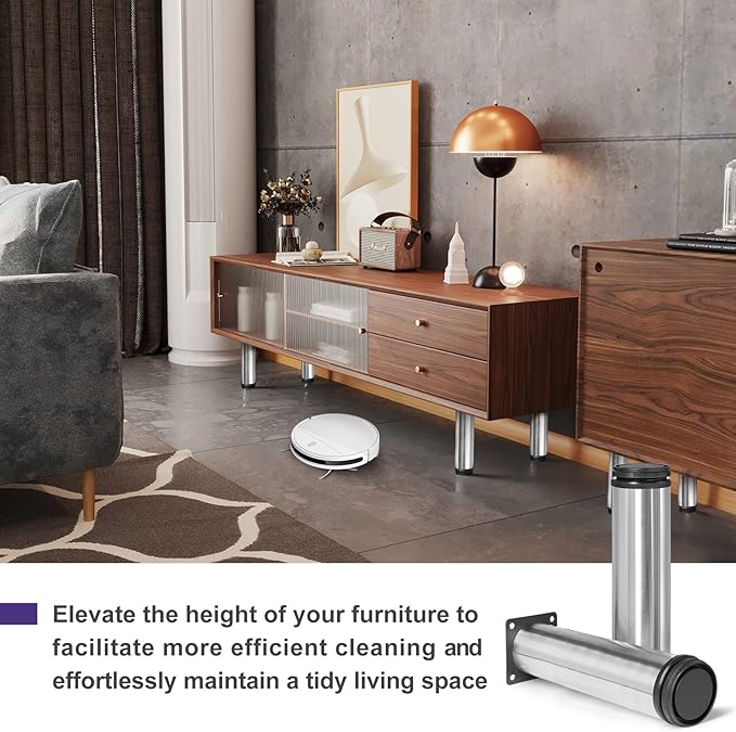8 Inch Metal Furniture Legs Stainless Steel Adjustable Legs Silver Metal Legs Round Cabinet Legs for Coffee Table Cabinet Desk Sofa Shelves, Pack of 4
