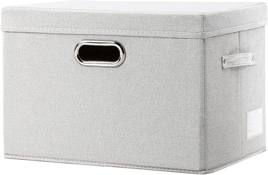 PRANDOM Large Collapsible Storage Bin with Lid [1-Pack] Fabric Foldable Storage Box Organizer Container Basket Cube with Cover for Home Bedroom Closet Office Beige (17.3x11.8x11.8)