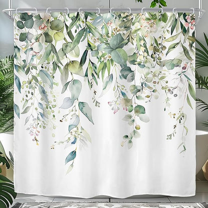 Riyidecor Green Eucalyptus Leaves Shower Curtain for Bathroom Decor 72Wx78H Plants Watercolor Floral Rustic Botanical Spring Nature Farm Art Printed Fabric Polyester Waterproof 12 Pack Plastic