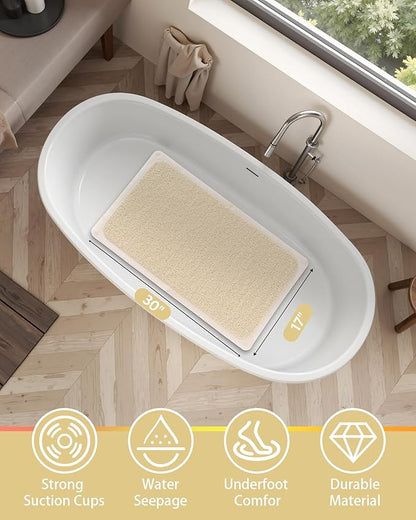 Mecko Non Slip Shower Mats, 17x30 Inch, Anti-Slip Bathtub Mats with Suction Cups for Bathroom, Foot Scrubber Loofah Bath Mats for Shower, Quick Drying Shower Stall Mats for Wet Areas (Beige)