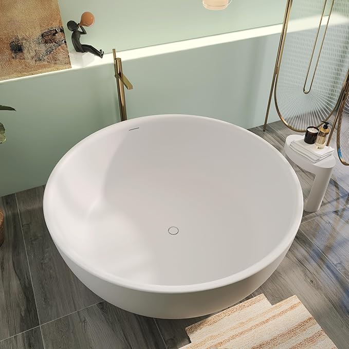 59" x 59" Premium Solid Surface Freestanding Bath Tub, Upgraded Round Soaking Deep Stone Resin Tubs with Overflow and Pop-up Drain, Matte White