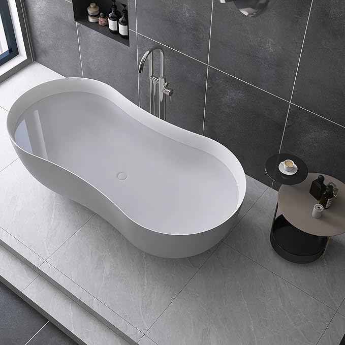 67 Inch Stone Resin Freestanding Bathtub, Contemporary Peanut Oval Stand Alone Soaking Tubs, Solid Surface Bathtub with Drain & Integrated Slotted Overflow Matte White AM331-1700