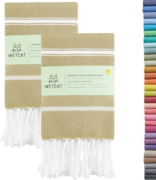 WETCAT Turkish Hand Towels with Hanging Loop, Set of 2 (20" x 30") 100% Turkish Cotton, Pre-Washed, Quick Drying, for Kitchen or Bathroom - Pale Olive Green
