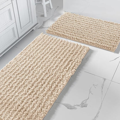Yimobra Bathroom Rugs Sets 2 Piece - Quick Dry Extra Thick Luxury Chenille Bath Mat, Non Slip Super Absorbent for Tub Shower Sink, Machine Washable Shaggy Floor Mat, 44"x24"+24"x17" Inch, Light Brown