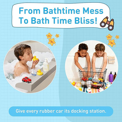 Roslim Bathtub Splash Guard for Kids - Silicone Bath Splash Guard Shelf, Large Bath Toy Tray Holder, Tub Water Splash Guard with Strong Suction Cups, Bathroom Accessories for Baby Bath, Taupe