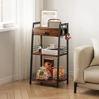 3-Tier Ladder Shelf with Drawer, Bathroom Stand Floor Storage Shelf, Freestanding Tower Shelf Ladder Table for Living Room, Bedroom -Rustic Brown