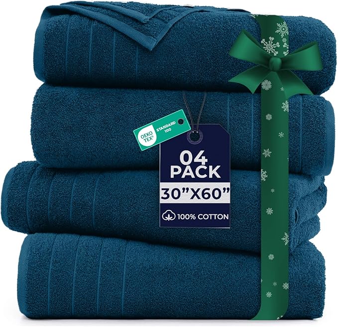 DAN River Extra Large Bath Towels Set of 4, 30 x 60 Inches - 100% Cotton Larger & Lighter Weight Towels for Bathroom - Quicker to Dry, Super Soft & Highly Absorbent Towels for Home, Blue Opal