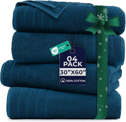 DAN River Extra Large Bath Towels Set of 4, 30 x 60 Inches - 100% Cotton Larger & Lighter Weight Towels for Bathroom - Quicker to Dry, Super Soft & Highly Absorbent Towels for Home, Blue Opal