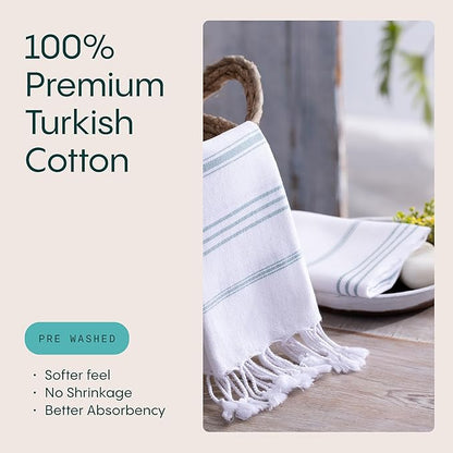WETCAT Turkish Hand Towels with Hanging Loop, Set of 2 (20" x 30") 100% Turkish Cotton, Pre-Washed, Quick Drying, for Kitchen or Bathroom - Teal & White